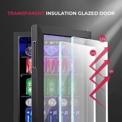 Simzlife 2.7 Cu.Ft/100 Cans Beverage Refrigerator, Mini Cooler with Reversible Glass Door, Fridge with Removable Shelves, Digital Control, Blue LED