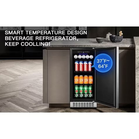 15-inch fridge,100 Cans,304 Stainless Steel Door,LED light,Adjustable shelves,Quiet Compressor,Smart digital control cooler,Automatic defrosting
