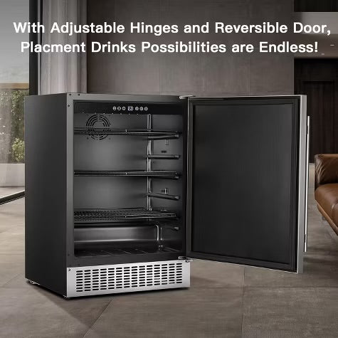 24-inch fridge,180 Cans,304 Stainless Steel Door,LED light,Adjustable shelves,Quiet Compressor,Smart digital control cooler,Automatic defrosting