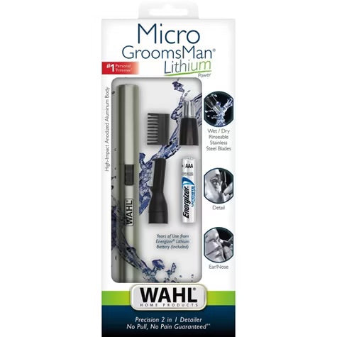 Wahl Lithium Ion Micro Groomsman 2-in-1 Cordless Battery Eyebrow and Nose Trimmer for Men with Rinseable Heads