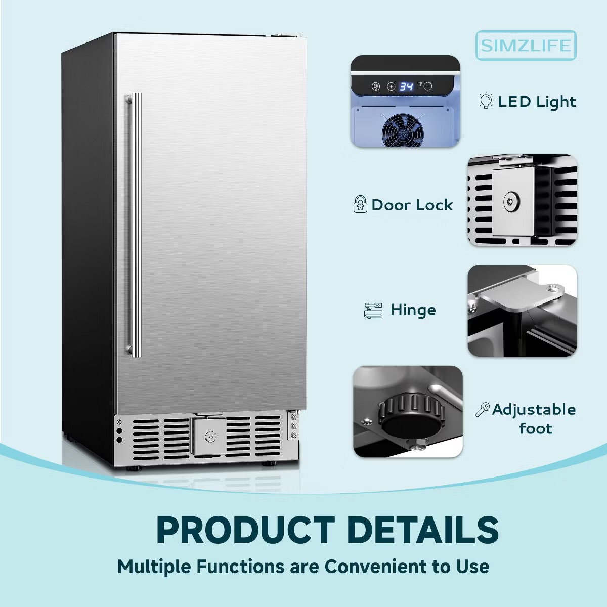 Simzlife 127 Cans Beverage Refrigerator, Beverage Cooler with Stainless Steel Door, Built-in and Undercounter Fridge with LED light, Silver