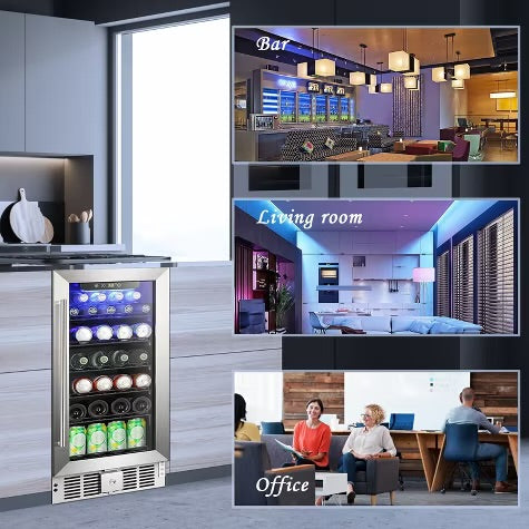 R.W.FLAME 15-Inch 115-Can Beverage Fridge, 2.9 Cu.Ft Cooler with Safety Lock, Low Noise, Transparent Glass Door with Stainless Steel Handle