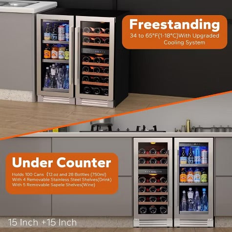 Ca'Lefort 15" Wine and Beverage Fridge Cooler Combo, Hold 80 Cans and 28 Bottles Freestanding & Built-in for Kitchen Office