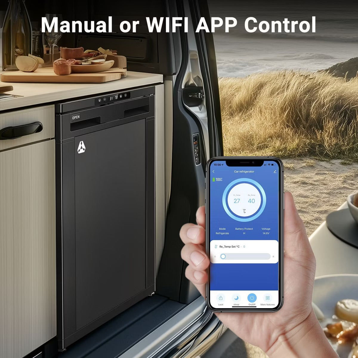 83L Dual Zone Fridge and Freezer, RV Refrigerator with WIFI APP Control, 12 Volt Portable Fridge with Door Lock,3 levels (H/M/L) of battery protection