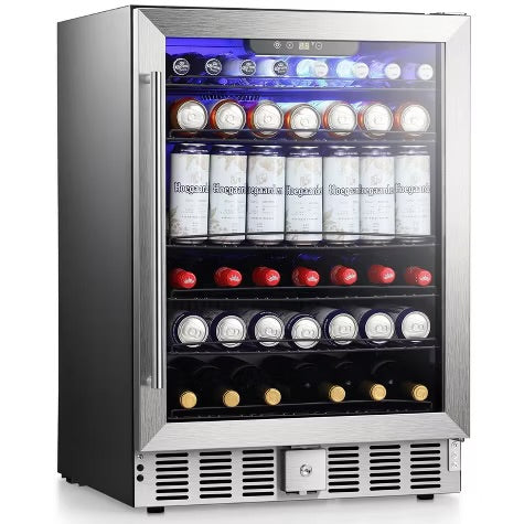 R.W.FLAME 5.1 Cu.Ft Beverage Fridge, 24 Inch, 166-Can, Low Noise, Glass Door, Stainless Steel, Efficient Cooling System with Safety Lock