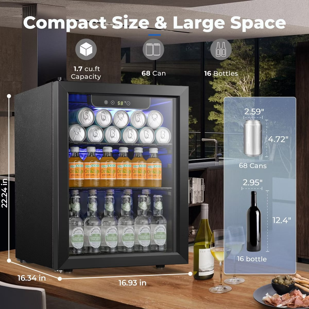 R.W.FLAME 1.7 Cu.Ft Beverage Cooler,16 Bottles/68 Cans,Mini Fridge with Glass Door, Adjustable Shelves, Digital Control,LED Light,Reversible Door