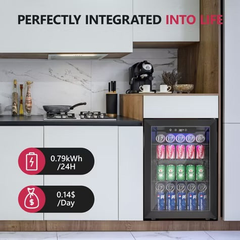 Simzlife 2.7 Cu.Ft/100 Cans Beverage Refrigerator, Mini Cooler with Reversible Glass Door, Fridge with Removable Shelves, Digital Control, Blue LED