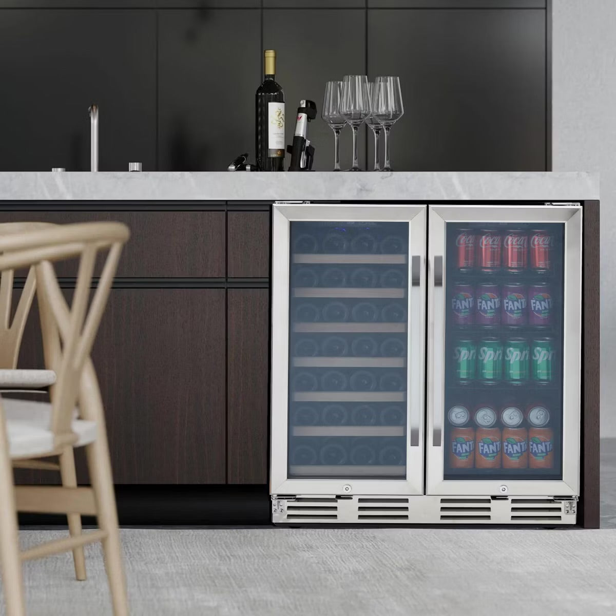 30 inch Wine and Beverage Refrigerator, 96 Cans&33 Bottle - Dual Zone Built-in or Freestanding Fridge
