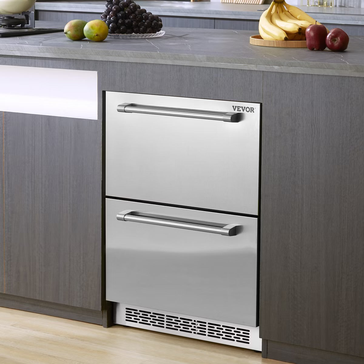 VEVOR 24 inch Undercounter Refrigerator, 2 Drawer Refrigerator with Different Temperature, 4.87 Cu.ft, Waterproof Under Counter Freezer Fridge