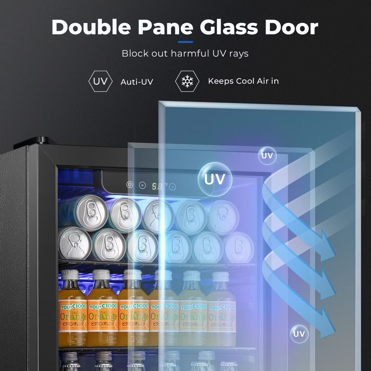 R.W.FLAME 1.7 Cu.Ft Beverage Cooler,16 Bottles/68 Cans,Mini Fridge with Glass Door, Adjustable Shelves, Digital Control,LED Light,Reversible Door