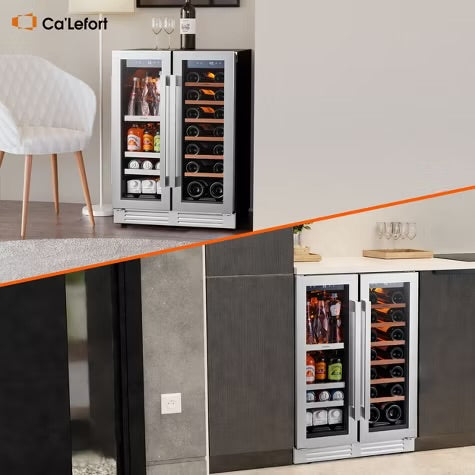 Ca'Lefort 24" dual-zone wine/beverage fridge, holds 60 cans/20 bottles, glass door, 3 LED lights, adjustable shelves, 4.1 cu.ft