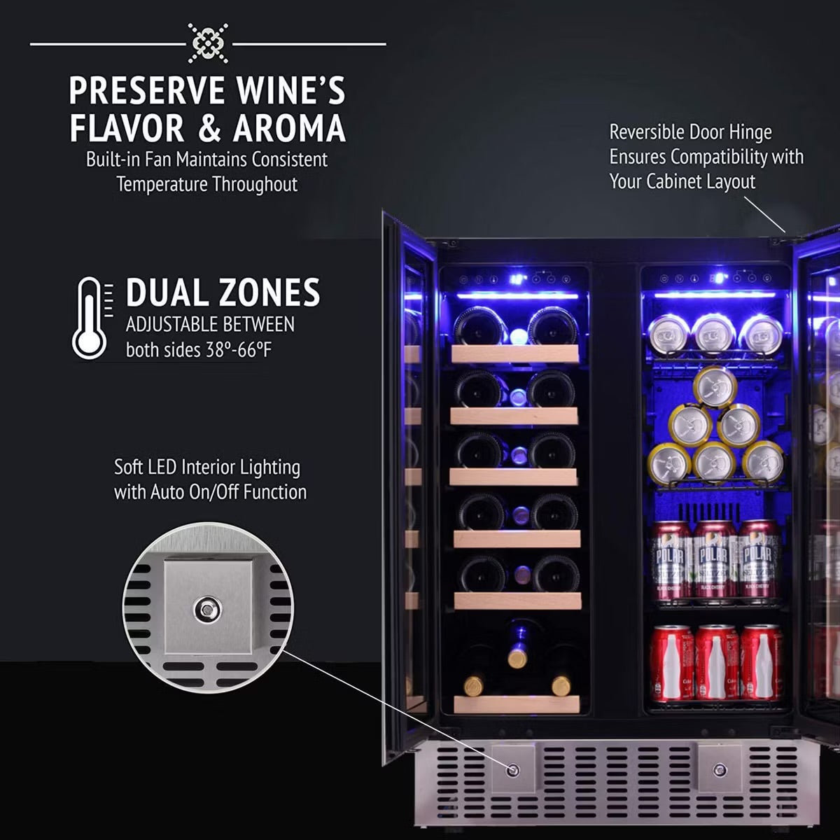 R.W.FLAME Beverage Fridge with Dual-Zone Cooler and Glass Door, 24-Inch Under Counter Design,Built-in or Freestanding, Smart Touchscreen
