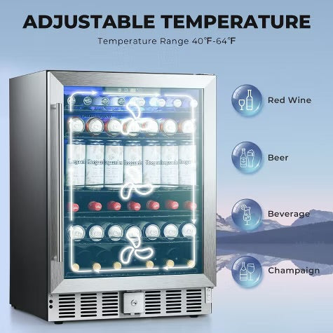 R.W.FLAME 5.1 Cu.Ft Beverage Fridge, 24 Inch, 166-Can, Low Noise, Glass Door, Stainless Steel, Efficient Cooling System with Safety Lock