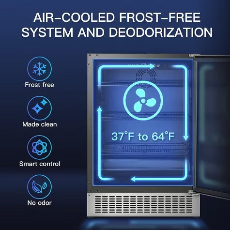24-inch fridge,180 Cans,304 Stainless Steel Door,LED light,Adjustable shelves,Quiet Compressor,Smart digital control cooler,Automatic defrosting