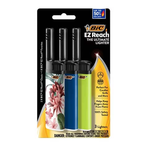 BiC EZ Reach 3pk Lighters: Up to 50% More Lights, Child-Resistant, Multipurpose Use, Butane Powered