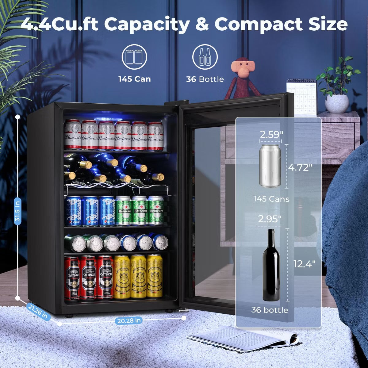 R.W.FLAME 4.5 Cu.Ft Beverage Cooler, 145-Can Fridge with Glass Door, Digital Temperature Display for Soda, or Other Drinks, Compact Cooler