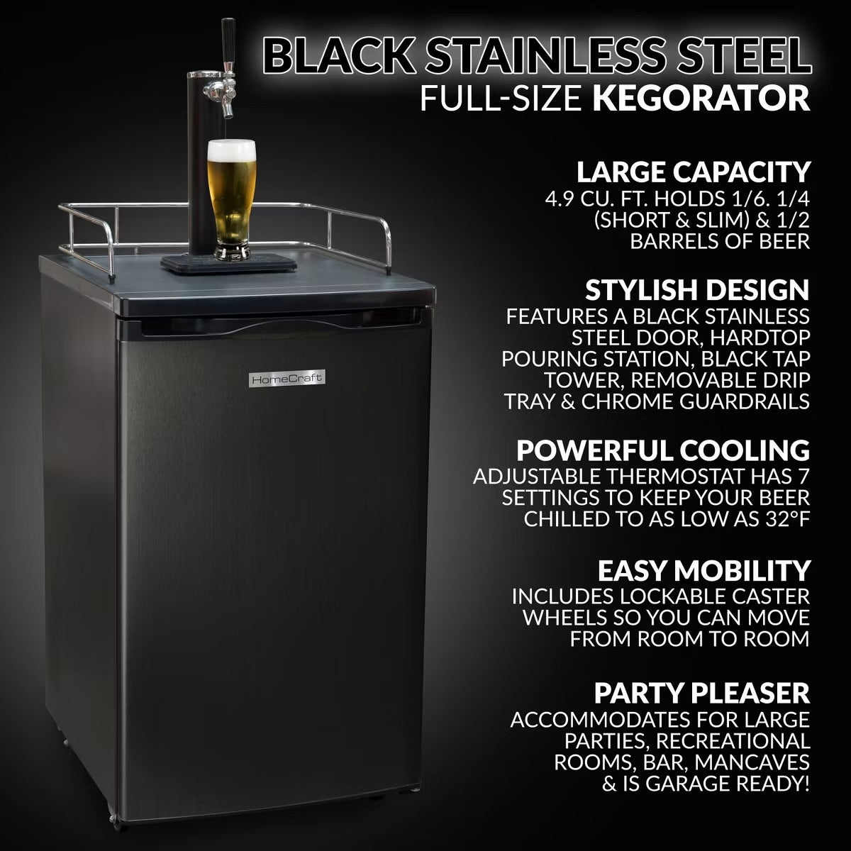 HomeCraft BK49BS 4.9 Cu. Ft. Full Size Kegorator Draft Dispenser, Black Stainless Steel