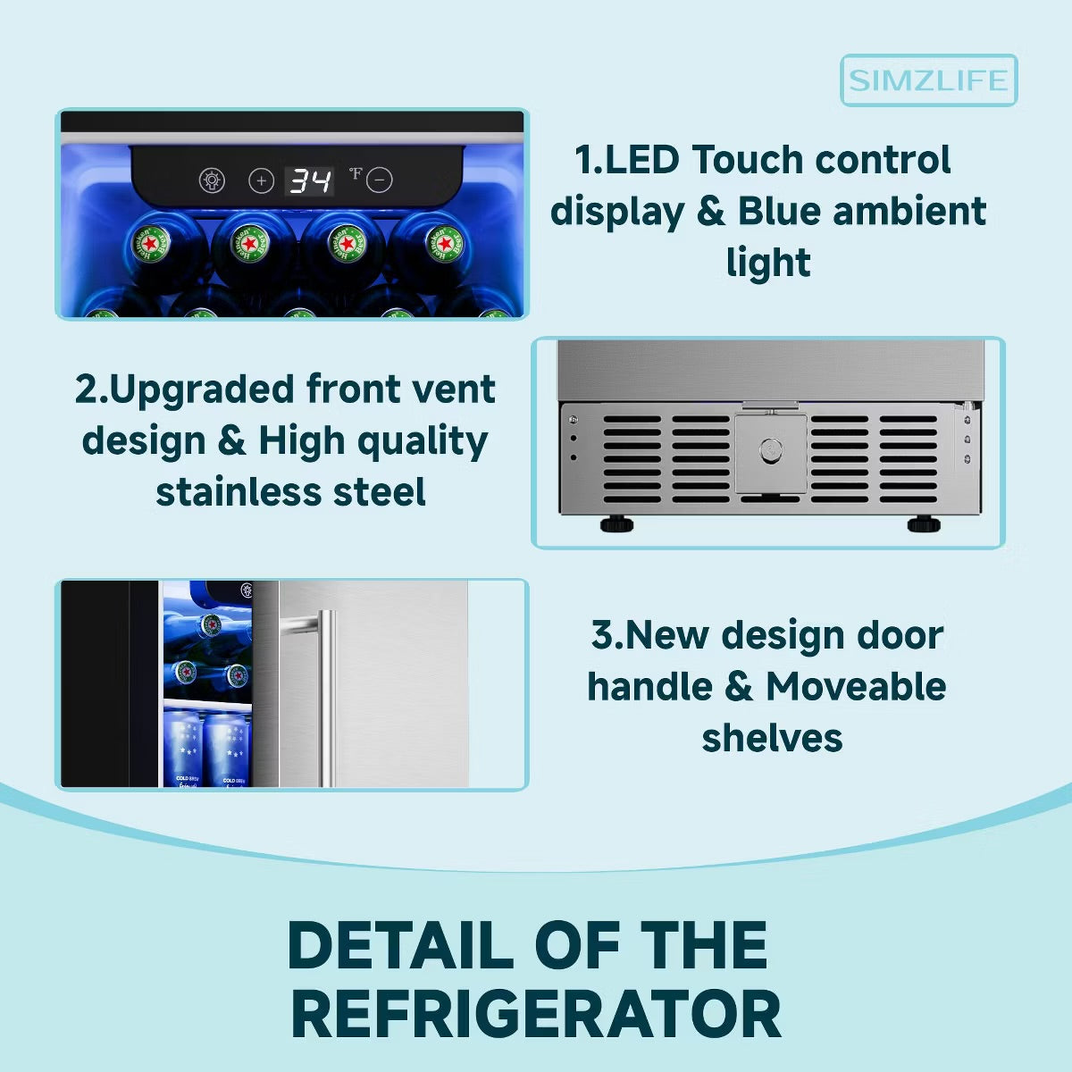 Simzlife 127 Cans Beverage Refrigerator, Beverage Cooler with Stainless Steel Door, Built-in and Undercounter Fridge with LED light, Silver