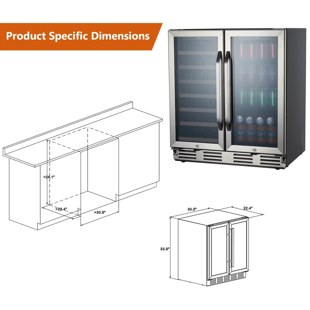 30 inch Wine and Beverage Refrigerator, 96 Cans&33 Bottle - Dual Zone Built-in or Freestanding Fridge