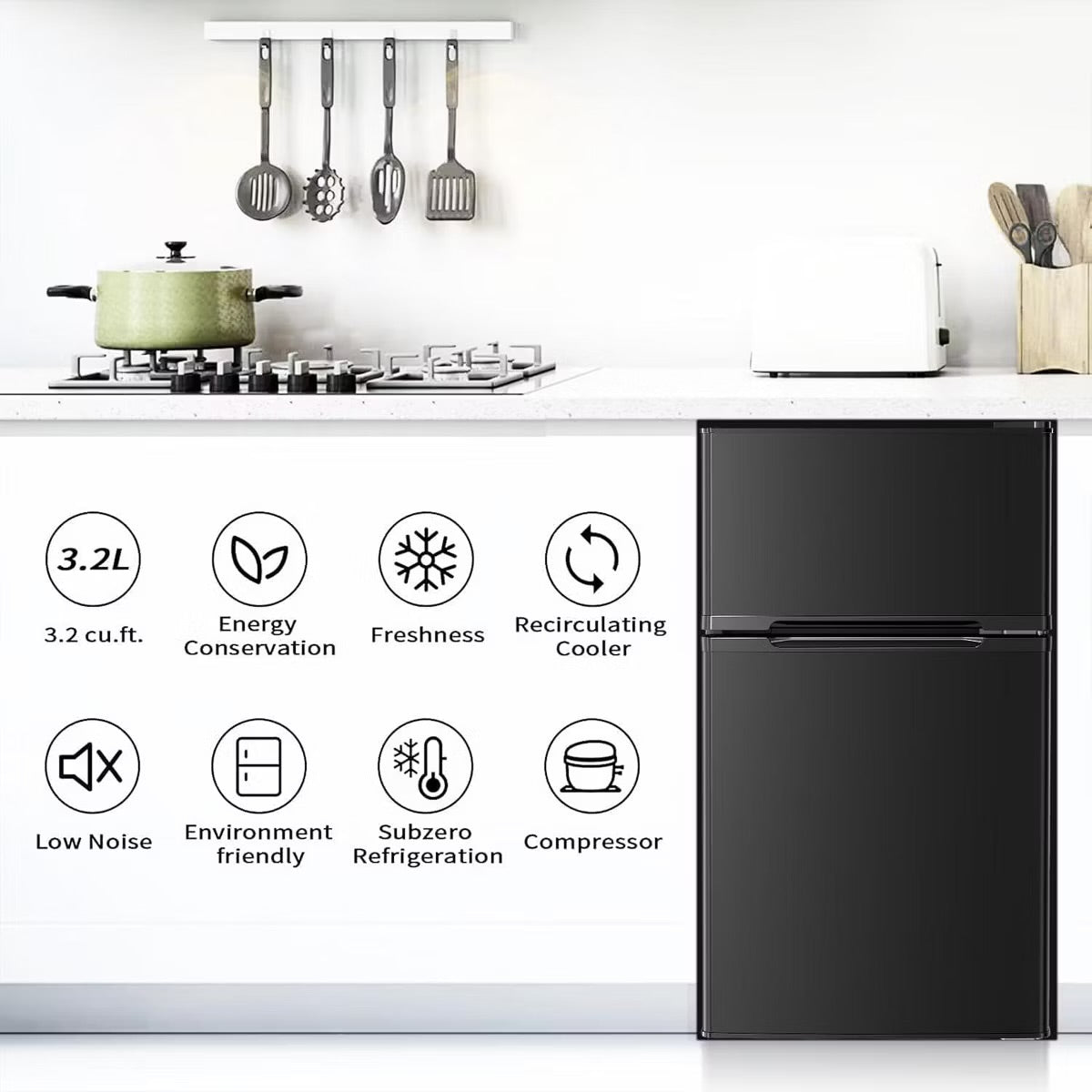 R.W.FLAME 3.2 Cu.Ft. Compact Mini Fridge with Freezer, 2-Door Design, Adjustable Shelves for Dorm, Apartment, Office, and Basement