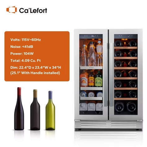 Ca'Lefort 24" dual-zone wine/beverage fridge, holds 60 cans/20 bottles, glass door, 3 LED lights, adjustable shelves, 4.1 cu.ft
