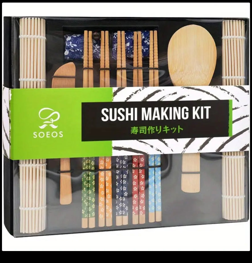 Soeos Beginner Sushi Making Kit, Sushi Making Kit for Beginners with 2 Sushi Rolling Mats, 5 Pairs Chopsticks, 1 Paddle, 1 Spreader, 1 Bag, Sushi Making Kit Gift Set, Sushi Maker Kit