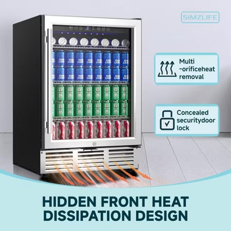 Simzlife 4.65 Cu.Ft/180 Cans Mini Beverage Refrigerator, Fridge Cooler with Glass Door, Adjustable Shelves, Digital Control,LED Light, Reversible Door