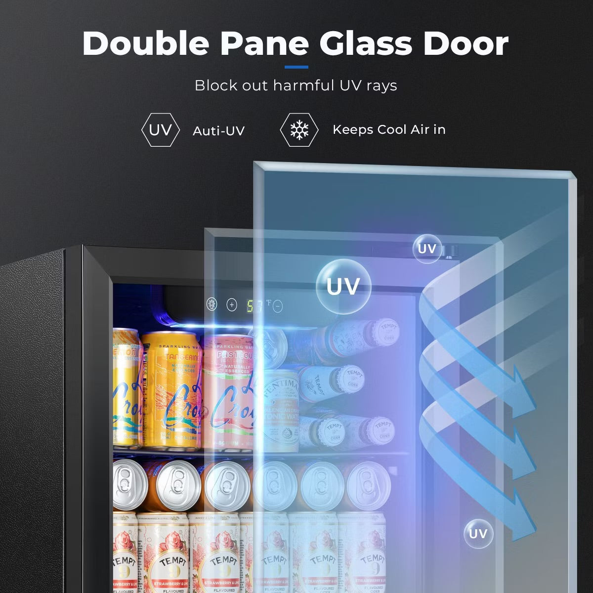R.W.FLAME 12-Bottle 48-Can Beverage Fridge, Low Noise Clear Glass Door Countertop Cellar for Beer and Soda, 1.3 Cu.ft, Black