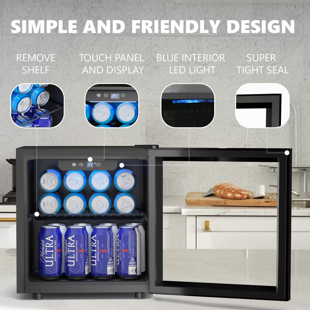 Simzlife 1.3 Cu.Ft/55 Cans Mini Beverage Refrigerator, Portable Fridge with Reversible Glass Door,Adjustable Shelves, Digital Control,LED Light, Black