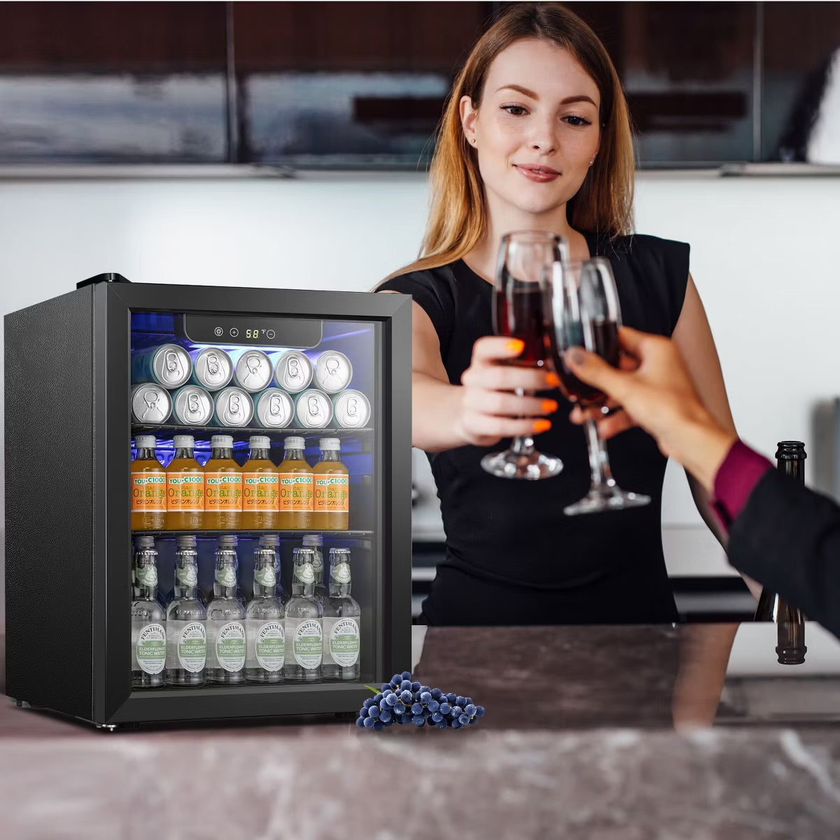 R.W.FLAME 1.7 Cu.Ft Beverage Cooler,16 Bottles/68 Cans,Mini Fridge with Glass Door, Adjustable Shelves, Digital Control,LED Light,Reversible Door