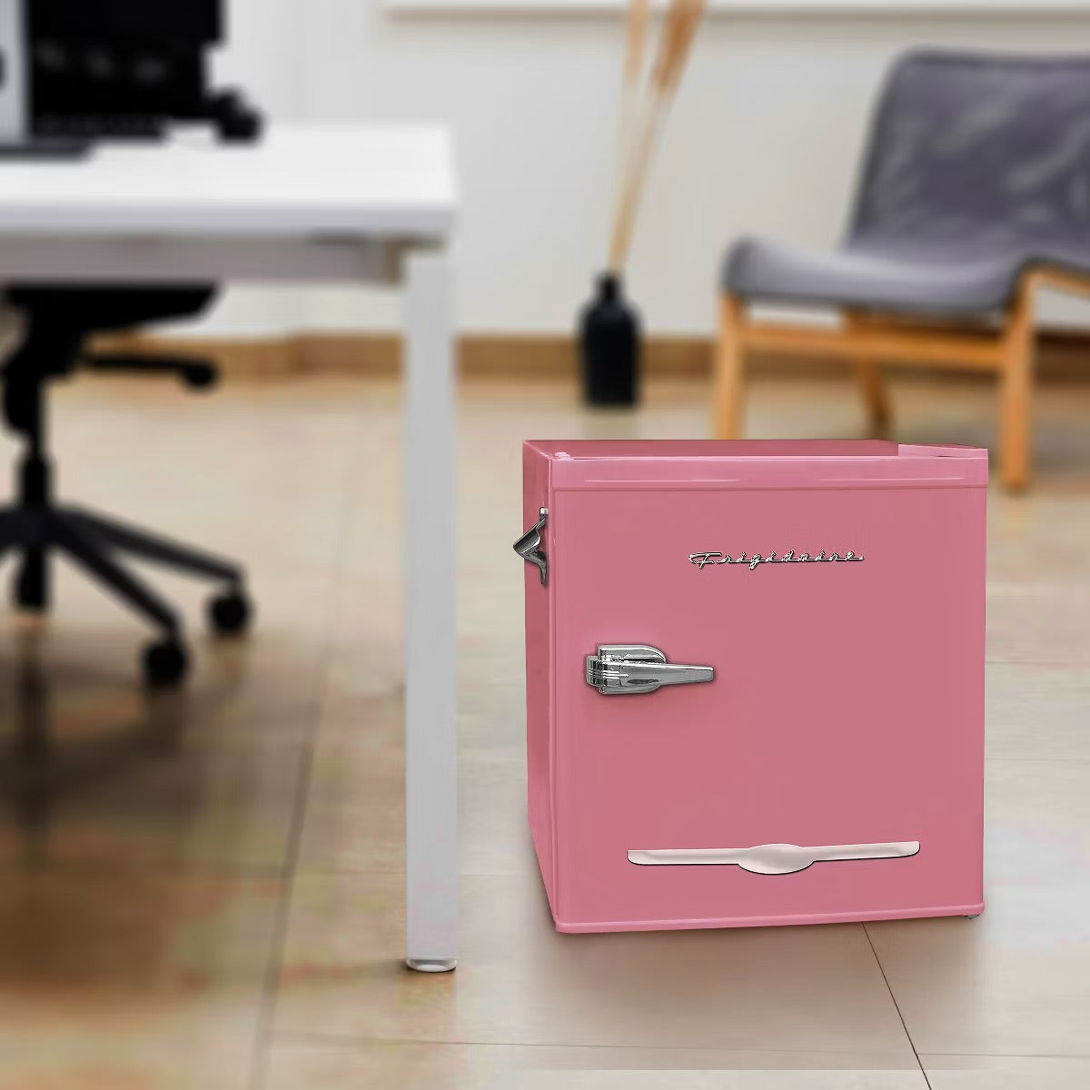 Frigidaire 1.6 Cubic Foot Stainless Steel Countertop Retro Bar Mini Fridge Refrigerator with Compact Freezer, Bottle Opener, and Reversible Door, Pink