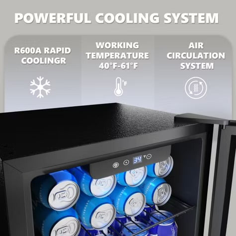 Simzlife 1.3 Cu.Ft/55 Cans Mini Beverage Refrigerator, Portable Fridge with Reversible Glass Door,Adjustable Shelves, Digital Control,LED Light, Black