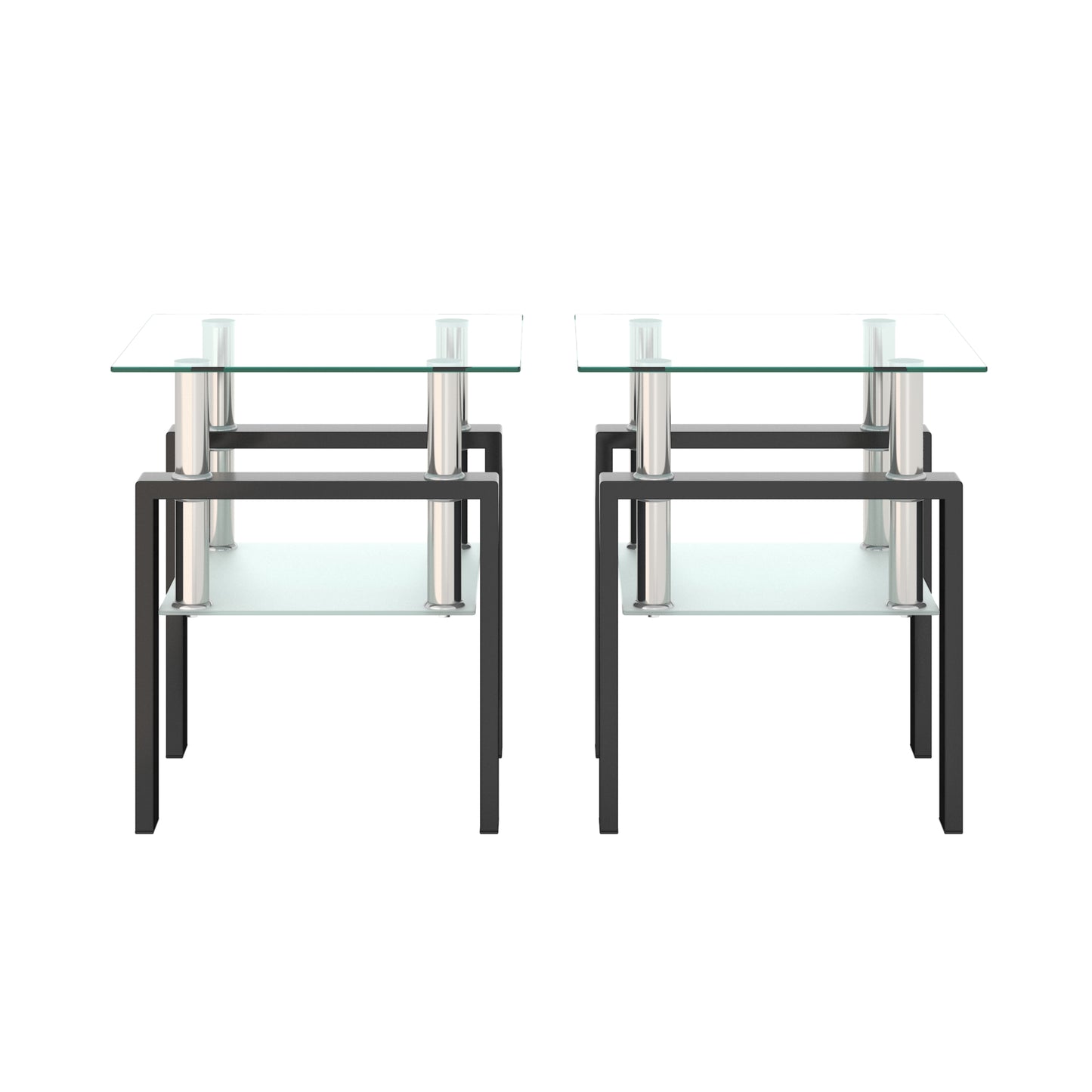 Lot de 2 tables basses modernes en verre trempé, table d'appoint carrée pour salon, transparentes/noires