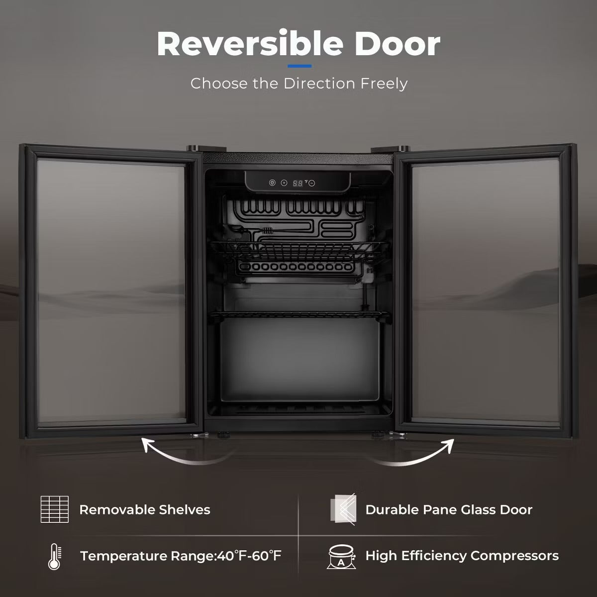 R.W.FLAME 1.7 Cu.Ft Beverage Cooler,16 Bottles/68 Cans,Mini Fridge with Glass Door, Adjustable Shelves, Digital Control,LED Light,Reversible Door