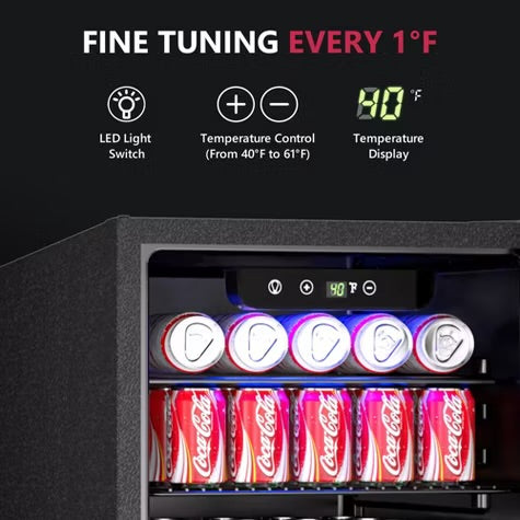 Simzlife 2.7 Cu.Ft/100 Cans Beverage Refrigerator, Mini Cooler with Reversible Glass Door, Fridge with Removable Shelves, Digital Control, Blue LED