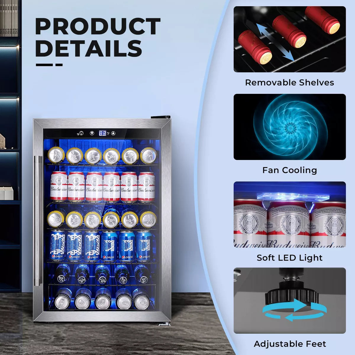 R.W.FLAME 4.5 Cu.Ft Beverage Fridge, 145-Can Mini Cooler with Glass Door for Soft Drinks, Freestanding with Adjustable Shelving