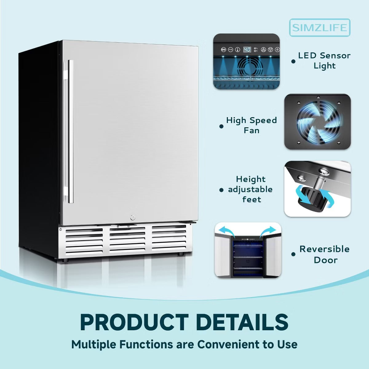Simzlife 5.3 Cu.ft/180 Cans Mini Beverage Refrigerator, Undercounter Portable Fridge with Removable Shelves & LED Light, Stainless Steel, Silver