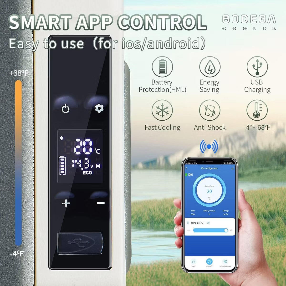 12 Volt Car Refrigerator, Electric Cooler Portable fridge WIFI APP Control, 32Quart(30L) -4℉-68℉, 12/24V DC100-240 Volt AC,Multi-ways to power