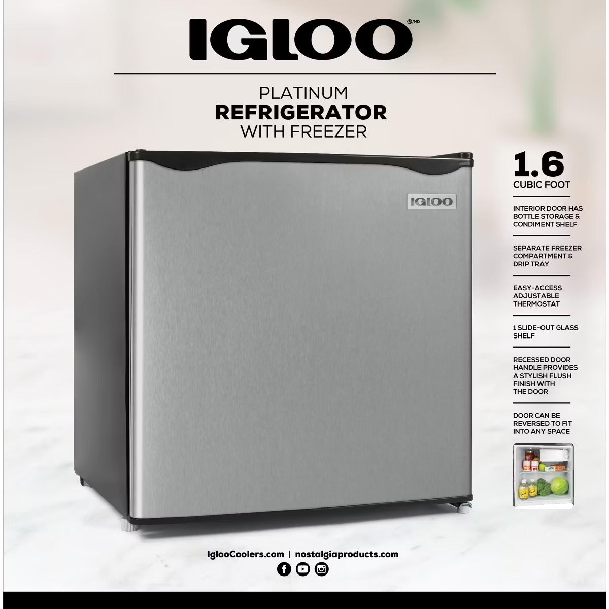 Igloo IRF16PL6A 1.6 Cu. Ft. Classic Compact Single Door Refrigerator Freezer - Platinum
