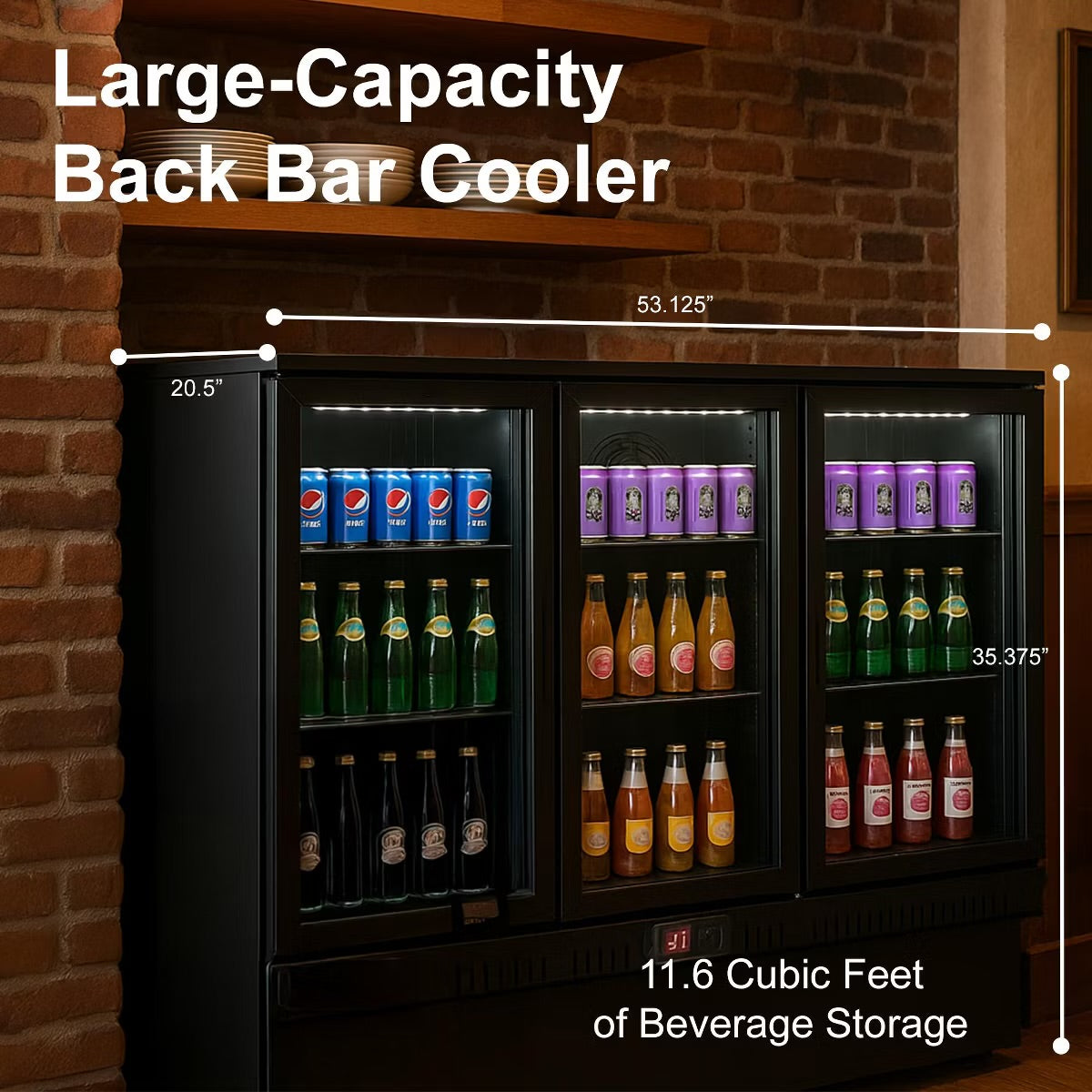 VITLIFE Back Bar Cooler with 3 Glass Doors, Counter-Height Beverage Refrigerator, 11.6 Cu.Ft., Commercial Fridge with LED Lighting & Self-Close Doors