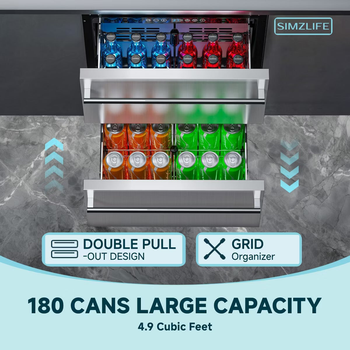 Simzlife 4.9 Cu.ft/180 Cans Mini Beverage Refrigerator, Double Drawer, Movable Grid Organizer, Freestanding Fridge, LED Light, Stainless Steel, Silver