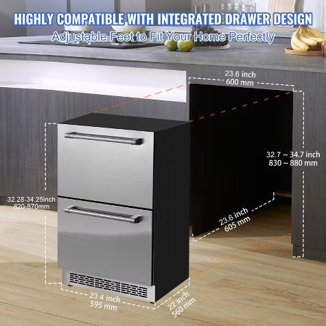 VEVOR 24 inch Undercounter Refrigerator, 2 Drawer Refrigerator with Different Temperature, 4.87 Cu.ft, Waterproof Under Counter Freezer Fridge