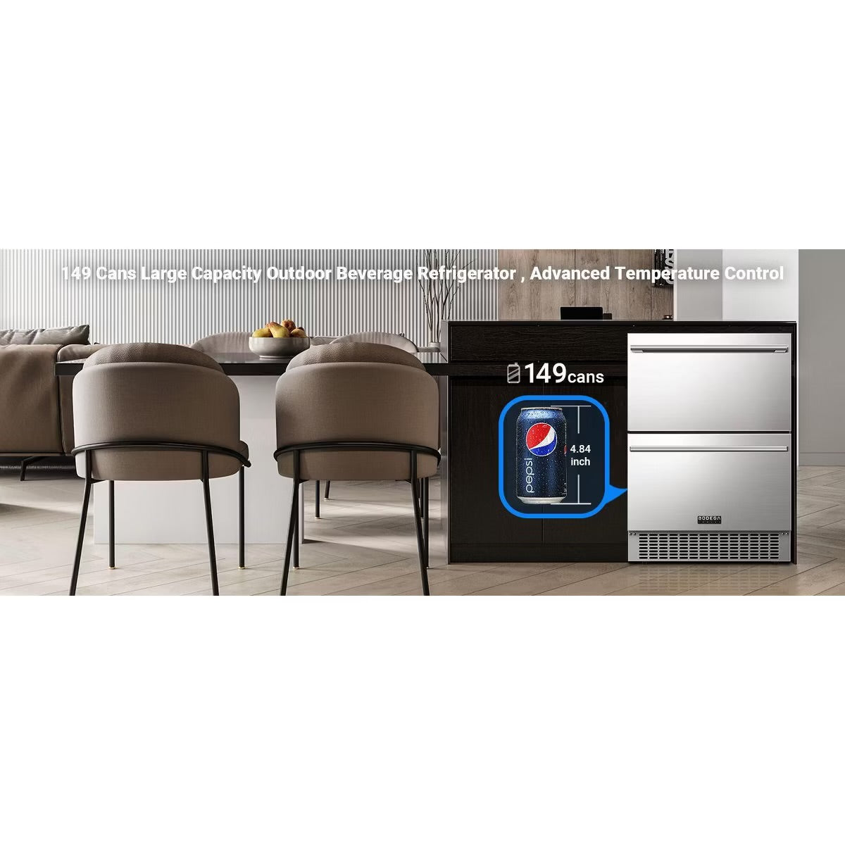 24-inch fridge,149 Cans,Stainless Steel Door,LED light,Adjustable shelves,Quiet Compressor,Double Drawer Cooler,Air Defrost System