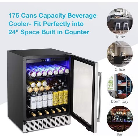 R.W.FLAME 24 Inch Beverage Fridge with Clear Glass Door, Digital Memory Temperature Control, for Cans and Soda, LED Lighting, Quiet Operation