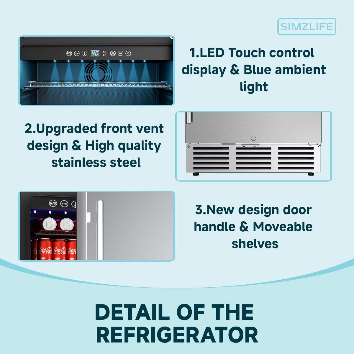 Simzlife 5.3 Cu.ft/180 Cans Mini Beverage Refrigerator, Undercounter Portable Fridge with Removable Shelves & LED Light, Stainless Steel, Silver