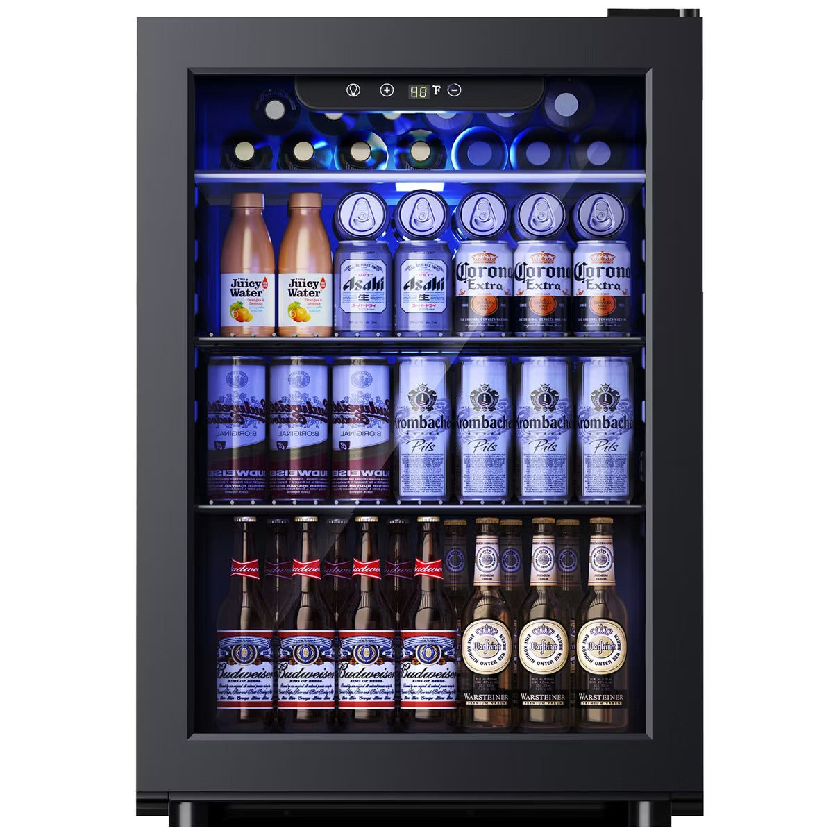 Simzlife 2.7 Cu.Ft/100 Cans Beverage Refrigerator, Mini Cooler with Reversible Glass Door, Fridge with Removable Shelves, Digital Control, Blue LED