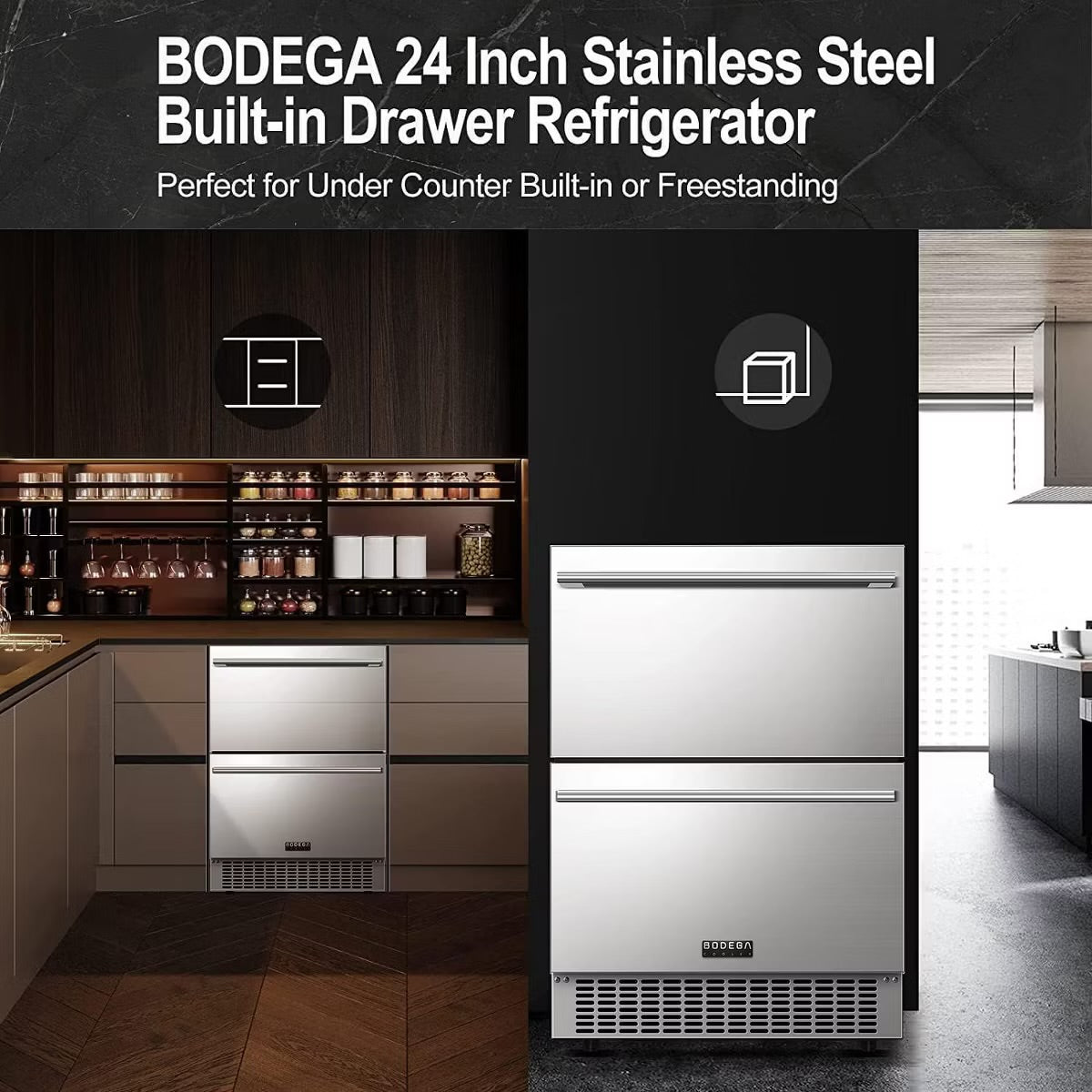 24-inch fridge,149 Cans,Stainless Steel Door,LED light,Adjustable shelves,Quiet Compressor,Double Drawer Cooler,Air Defrost System