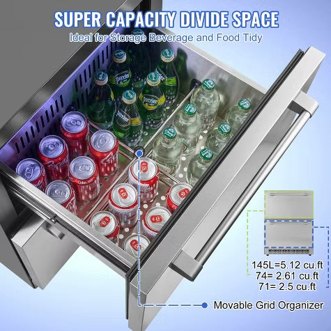 VEVOR 24 inch Undercounter Refrigerator, 2 Drawer Refrigerator with Different Temperature, 4.87 Cu.ft, Waterproof Under Counter Freezer Fridge