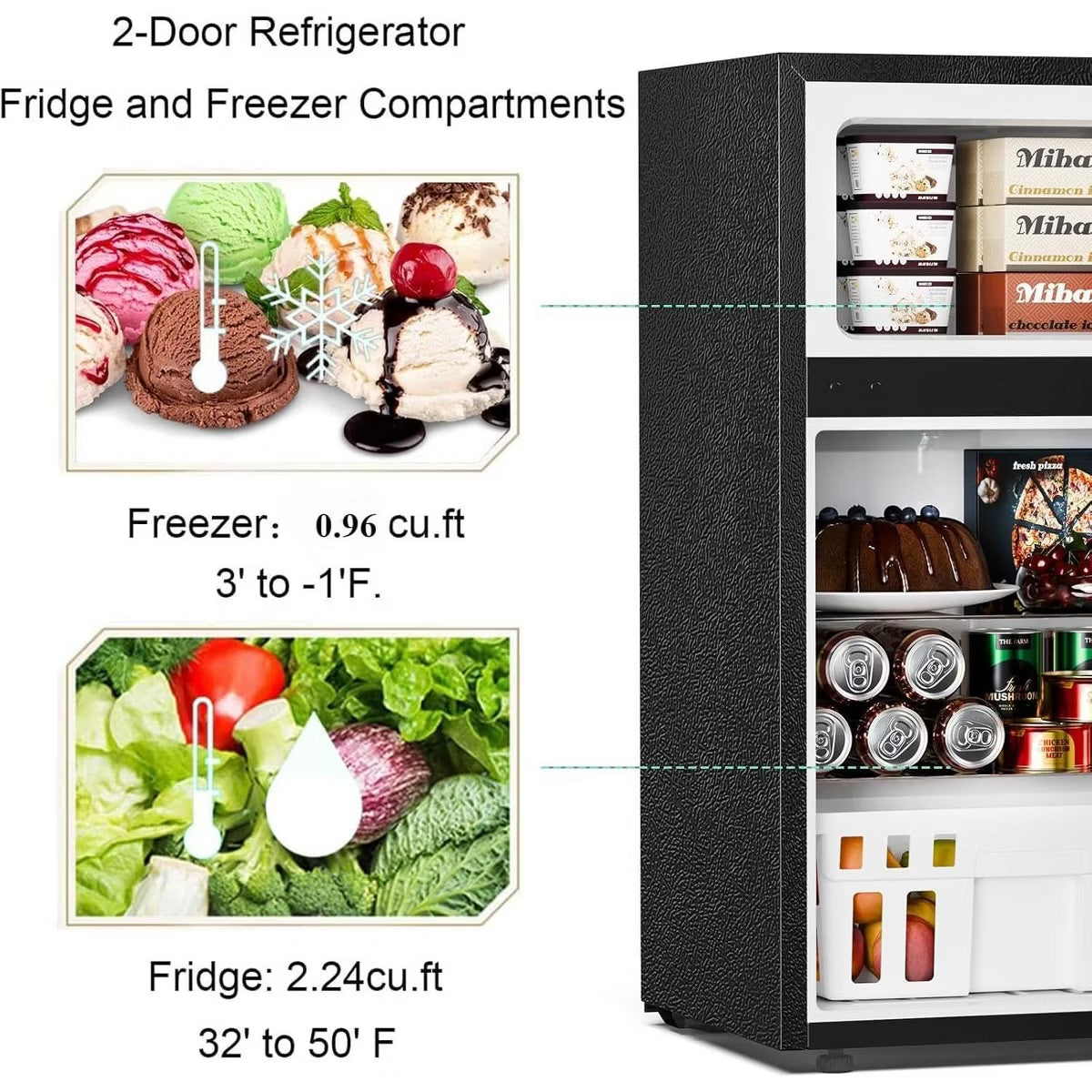 R.W.FLAME 3.2 Cu.Ft. Compact Mini Fridge with Freezer, 2-Door Design, Adjustable Shelves for Dorm, Apartment, Office, and Basement