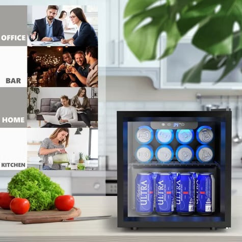 Simzlife 1.3 Cu.Ft/55 Cans Mini Beverage Refrigerator, Portable Fridge with Reversible Glass Door,Adjustable Shelves, Digital Control,LED Light, Black